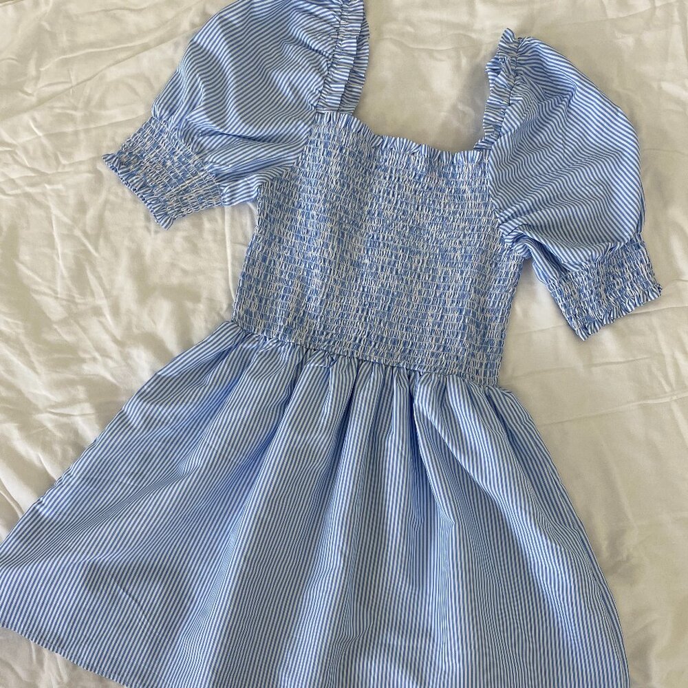 AQUA Bloomingdales Pin Striped Blue and White Puff Sleeve Mini Dress